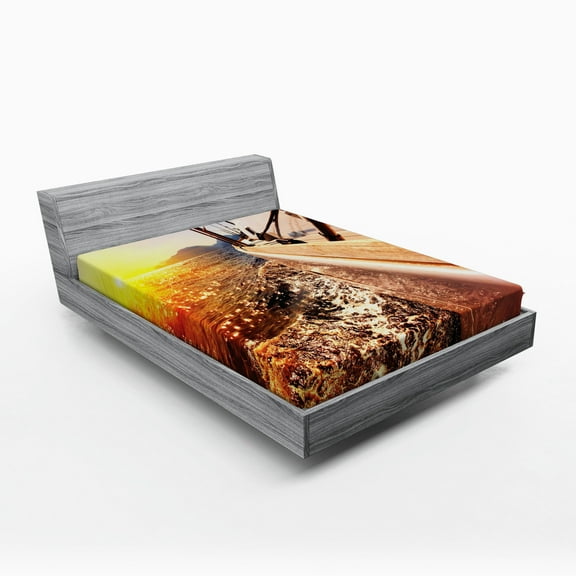 Ambesonne Sea Fitted Sheet, Mountains Lakeside Composition, Queen Size, Yellow Blue and Brown