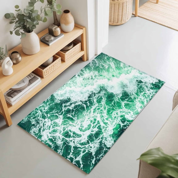 Sea Foam 2'x3' Rug for Entryway Front Door Kitchen Sink Area, Coastal Nautical Modern Tropical Green Sea Ocean Waves Low Pile Washable Non Slip Rectangle Area Rug