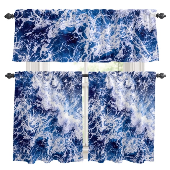 Sea Foam Kitchen Curtains Valances 3 Piece Set, Coastal Nautical Modern Tropical Navy Blue Sea Ocean Waves Rod Pocket Tier Curtain and Valance Drapes for Small Window 24 Inch Length for Bedroom Cafe
