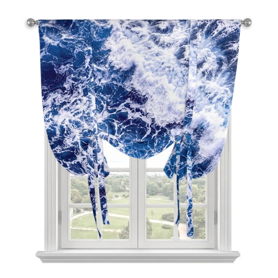 Sea Foam Tie Up Curtains for Windows, Balloon Window Shades, Nautical Coastal Tropical Navy Blue Ocean Waves Kitchen Window Treatments Roll Up Curtain for Basement/Nursery 52"x45"