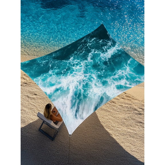 Sea Foam Waves Sun Shade Sail 8' x 10', Modern Nautical Teal White Ocean Waves Rectangle Outdoor Sunshade Canopy, Waterproof UV Block Patio Covers for Garden Yard Beach