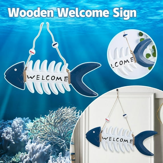 Sea Front Porch, Wooden In Wreaths For Front Door, Style Welcome Decoration Fishbone-Shaped Summer Listing Wooden Marine Doorplate Home Decor
