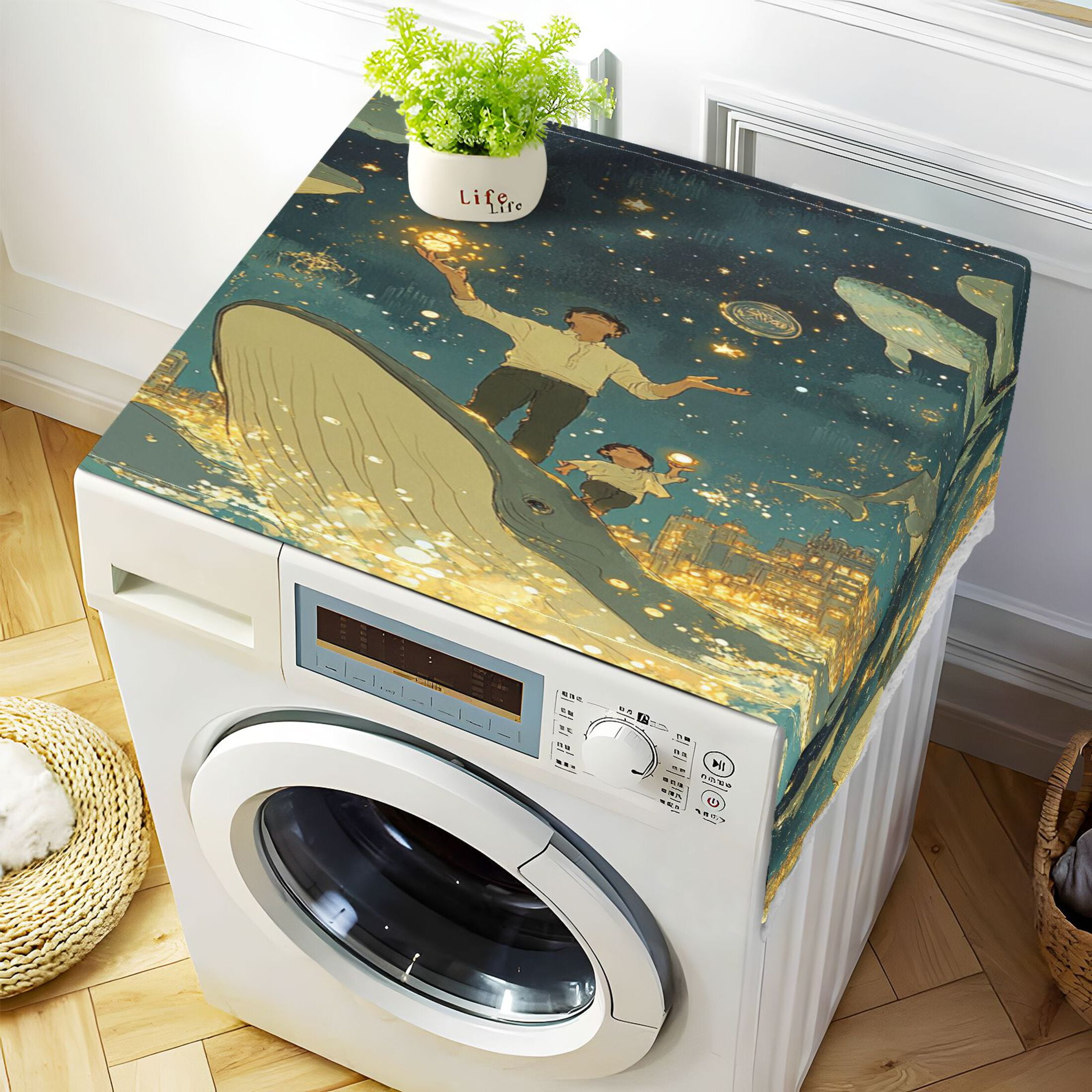 A Sea Full Of Golden StarsWasher and Dryer Covers Dust-Proof and Oil Resistant Fridge Cover with 4 Storage Pockets Washing Machine Top Cover for Laundry Kitchen Home 51.2 x 22 In