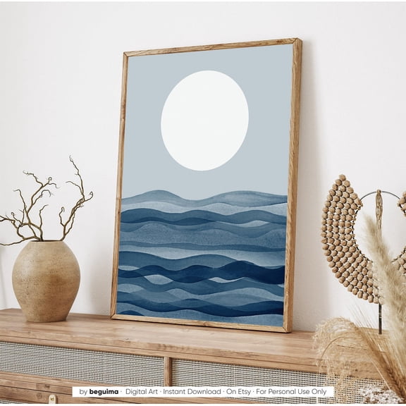 Sea,Full Moon ,Ocean Prints,Night Landscape Art,Blue Wall Art,Waves, Landscapes,Sea Posters,Sea able Unframed Paper Print