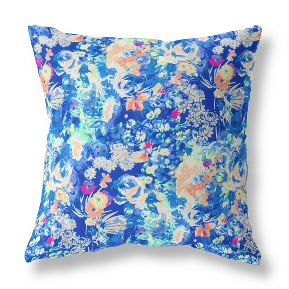 Sea Garden Rose Indoor/Outdoor Pillow in Bright Blue 18x18