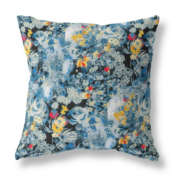 Sea Garden Rose Indoor/Outdoor Pillow in Muted Black Yellow 16x16
