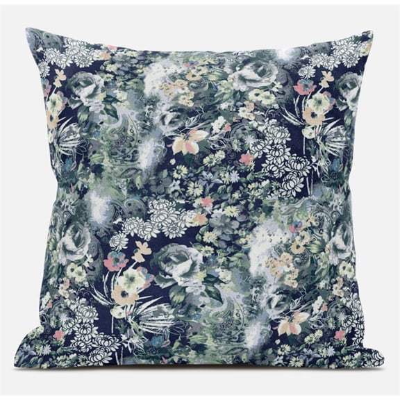 Sea Garden Rose Suede Zippered Pillow W Insert in Red Light Green Indigo 18 x 18