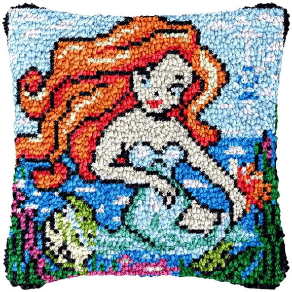 Sea Girl Latch Hook Kits Pillow DIY Rug Crochet Hook Cushion Making Kits with Preprinted Pattern Canvas Instruction Yarns and Latch Hooking Pillow Cover Easy to Starter DIY Kits 43x43cm