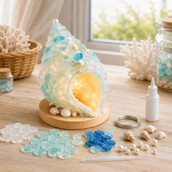 Sea Glass 3D Art Kit, DIY Conch Mosaic Craft for Coastal Tabletop Home Decor, 8 in Ocean Creative Craft Project for Adults