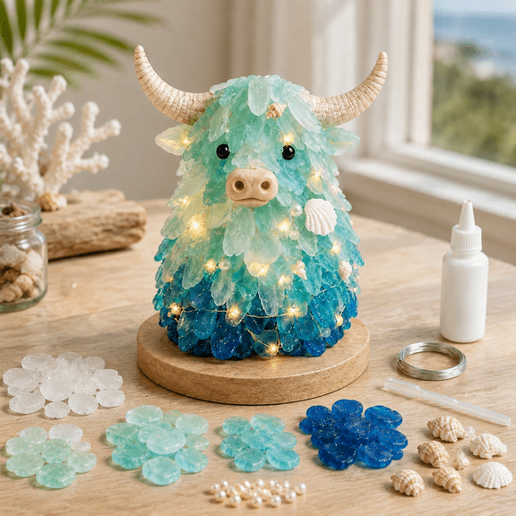 Sea Glass 3D Art Kit, DIY Cow Mosaic Craft for Farmhouse Tabletop Home Decor, 8 in Creative Animal Craft Project for Adults