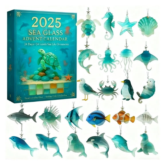 Sea Glass Advent Calendar 2025, 24 Days Christmas Countdown Calendar Ocean Themed Christmas Gifts with 24 Adorable Ocean-Inspired Holiday Surprises Decoration