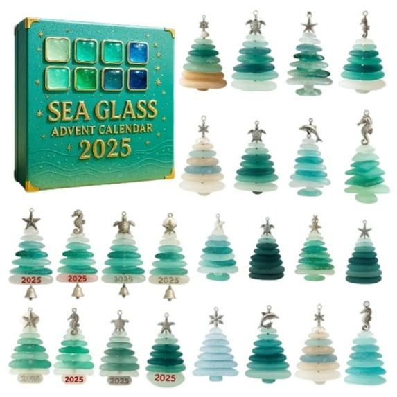 Sea Glass Advent Calendar 2025, 24 Days Sea Glass Christmas Tree Countdown Calendar with Acrylic Xmas Tree Ornaments, Xmas Ornaments Surprise Gifts for Friends