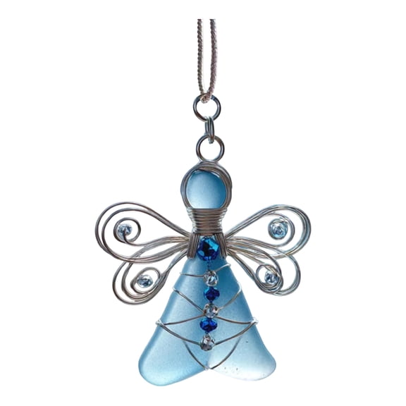 Sea Glass Angel Christmas Ornament, Hand Wire Wrapped 2D Acrylic Angel Pendant for Christmas Tree Coastal Decor, 3 Inch (1Pc)