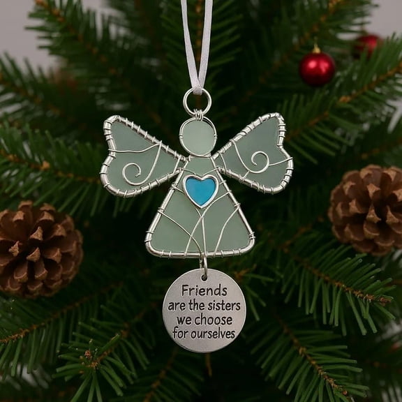 Sea Glass Angel Ornament with Friendship Quote, 4-Inch 2D Acrylic Angel Wing Hanging Decor for Christmas Tree, Meaningful Best Friend Gift for Women, Sisters, Home Office Decoration