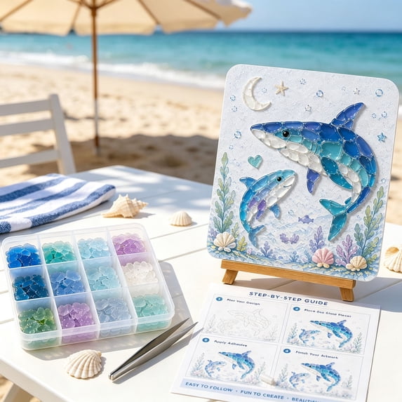 Sea Glass Art DIY Craft Kit, 8 Beach Themed Designs with Canvas Tweezers Easel Instructions, Beginner Friendly Nautical Home Decor Handmade Gift Set