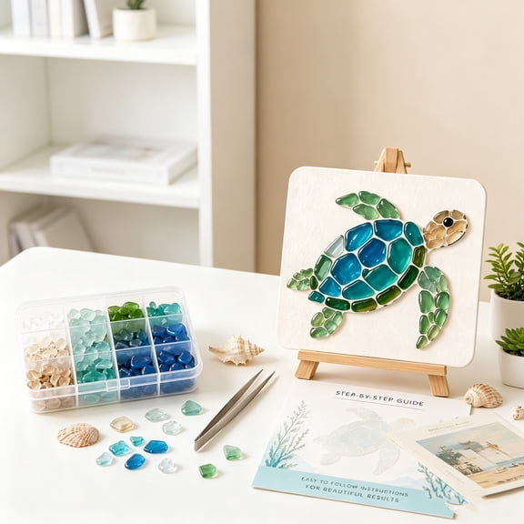 Sea Glass Art DIY Kit for 8 Designs Turtle Jellyfish Crab Beginner Friendly, Complete Sea Glass Craft Set with 8 Templates & Tools for Adults, Beach Themed Home Decor & Relaxing Craft Activity Gift