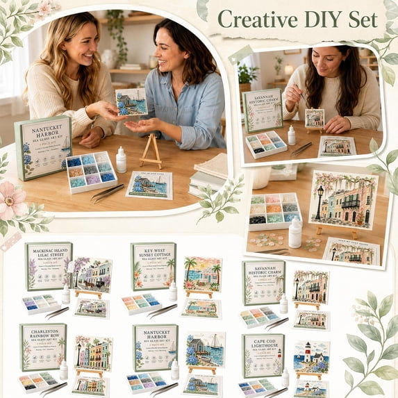 Sea Glass Art Kit, Adult Craft Kit for Beginners, Sea Glass Art Diy Set in Mackinac Island Lilac Street Theme, Coastal Decor for Home, 6X6 Inch 1-Piece Complete Kit with Assorted