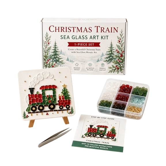 Sea Glass Art Kit, Christmas DIY Sea Glass Mosaic Art Kit, Festive Holiday Craft Set, Complete Art Supplies with Patterns, Fun Creative Activity for Family Time Train
