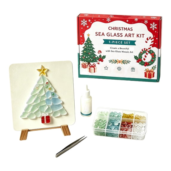 Sea Glass Art Kit, DIY 3D Sea Glass Mosaic Craft Kit with Colorful Glass Pieces, Ocean & Christmas Coastal Art Set, Sea Glass Christmas Tree DIY Kit, Handmade Home Decor Gift