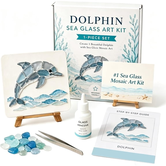 Sea Glass Art Kit, DIY Sea Glass Mosaic Art Kit, Ocean-Themed Seaglass Craft Kit with Colorful Glass Pieces, Beautiful Ocean-Inspired Artwork, Coastal Home Decor Creative Handmade Gift (Dolphin)