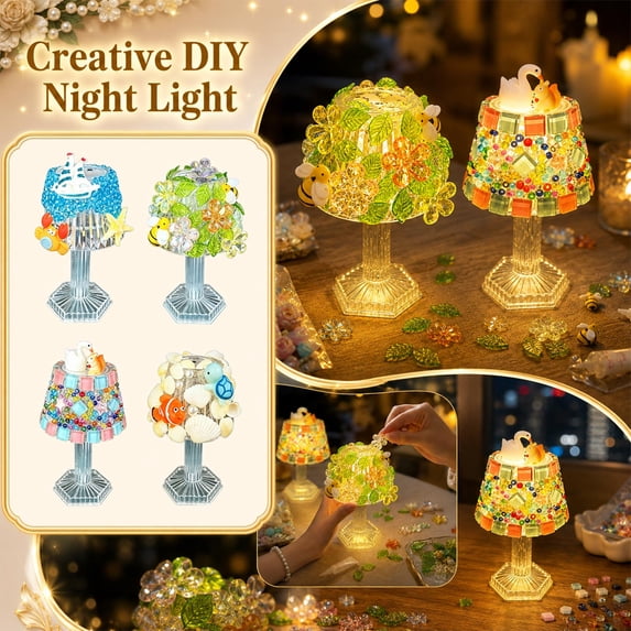 Sea Glass Art Kit Diy with Crystal Table Lamp, Light Blue Decor Night Light Lamp for Bedside Table Desk, Birthday Gift Set for Her with Adhesive Glue & Decorative Charms
