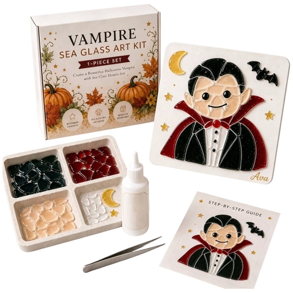 Sea Glass Art Kit Featuring Vampire Mosaic Design for Student and Adults, Halloween Arts and Crafts for Home and Classroom Decor, Halloween Party Favors and Gift 1-Piece Set