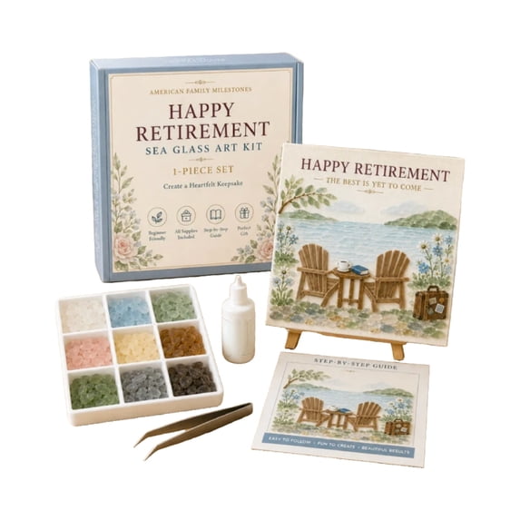 Sea Glass Art Kit, Happy Retirement Mosaic Craft with Lakeside Chair Scene for DIY Keepsake Home Decor, 5.91 in
