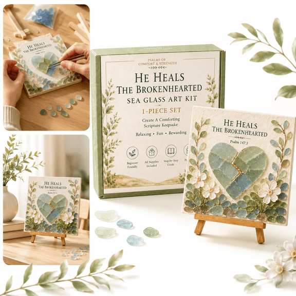 Sea Glass Art Kit, He Heals the Brokenhearted Psalm 147:3 DIY Mosaic Christian Craft Kit, Beginner-Friendly Tabletop Decor Gift Idea