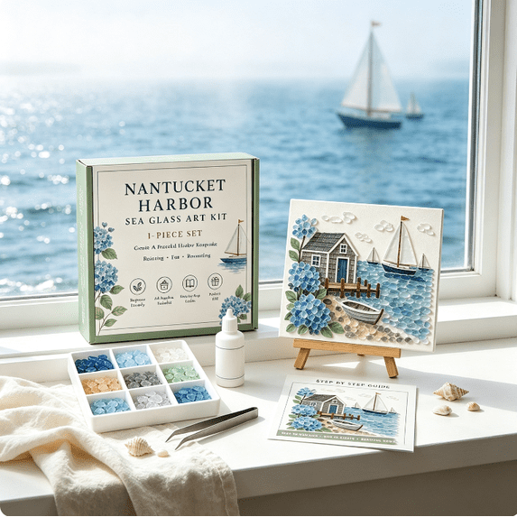 Sea Glass Art Kit Nantucket Harbor Theme, Adult DIY Mosaic Craft Set, Full Craft Supplies with Sea Glass Pieces Tweezers Adhesive Book, Home Wall Decor Gift