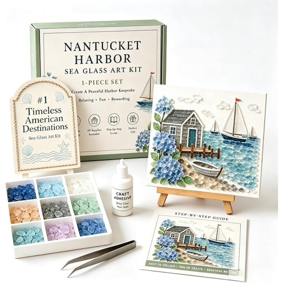 Sea Glass Art Kit Timeless American Destinations, DIY Sea Glass Acrylic Mosaic Craft Kit with Colorful Glass Pieces, Coastal Artwork for Adults, Handmade Decorative Wall Art Gift Home Decor