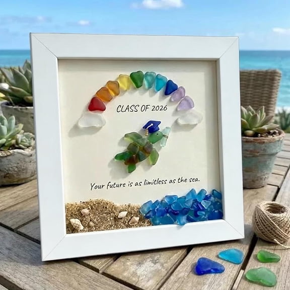 Sea Glass Art Kits for 2026 Graduation - Handmade Sea Turtle & Rainbow Mosaic Framed Art - Inspirational Graduation Gift for Students, Home & Office Decor