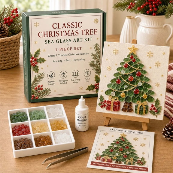 Sea Glass Art Kits for Adults, 7.8 Inch Plastic Sea Glass Pieces, Xmas Tree Theme Craft Set with Frame, Adhesive & Tools, for Home, Wall, Holiday Decor & DIY Gift for Craft Lovers