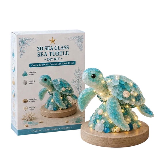 Sea Glass Art Kits For Adults,Sea Glass Sea Turtle Diy Kit With Led Lights, Sea Glass, Shells & Pearl Accents,Coastal Ocean Inspired Mosaic Art Decoration, Creative Handmade Gift.(Sea Turtle)