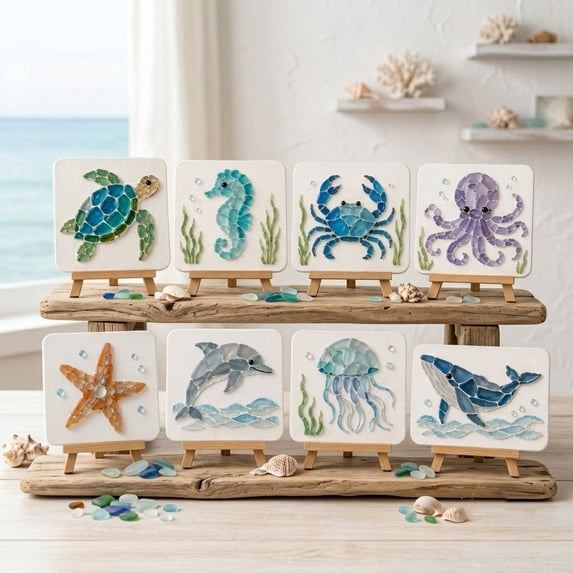 Sea Glass Art Kits Mosaic Kits for Adults, Stained Glass Arts and Crafts, Marine Animals Theme Arts and Crafts, Resin Kit for Beginners, Bookshelf, Wall, Windowsill