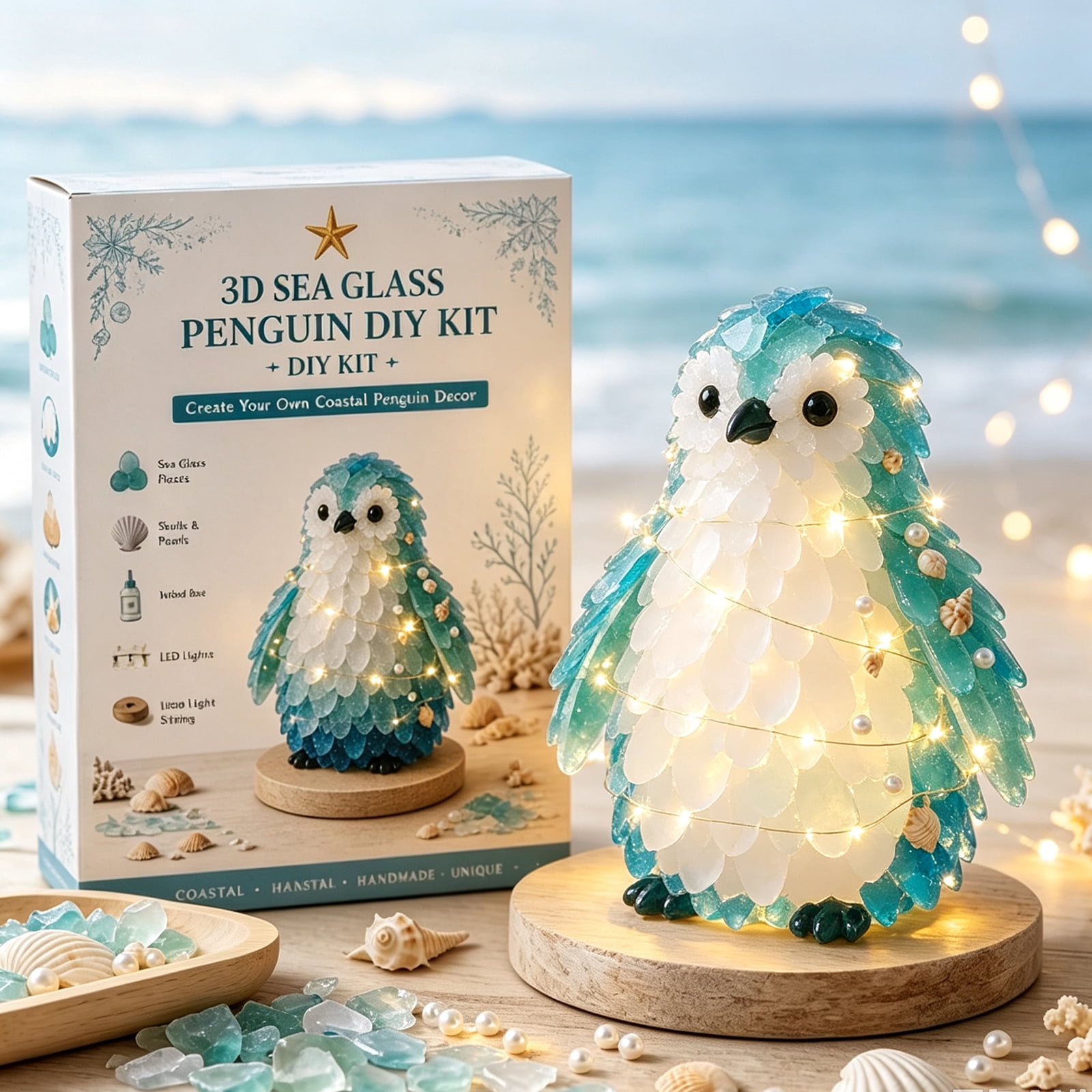 Sea Glass Art Kits Penguin Craft Kit with Shells & Pearl Accents ...
