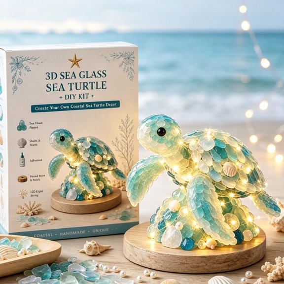 Sea Glass Art Kits Sea Turtle Craft Kit with Shells & Pearl Accents Creative Handmade Gift for Adults,Beach Decor, Gift for Craft Lovers, DIY Mosaic Art