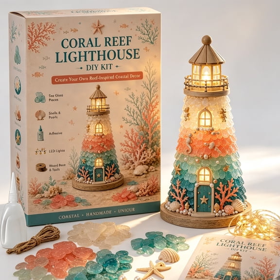 Sea Glass Art Kits for Adults Diy Lighted House Craft with LED Light, Pieces and Guide for Coastal Home Decor
