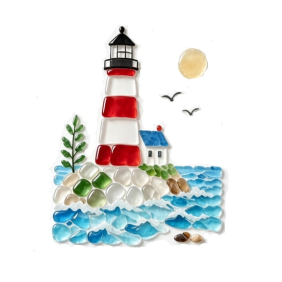 Sea Glass Art Ornament, 7.87 Inch Handmade Glass Mosaic Panel With Layered Pebble Texture And Wave Base, Coastal Shelf And Window Decor - Lighthouse