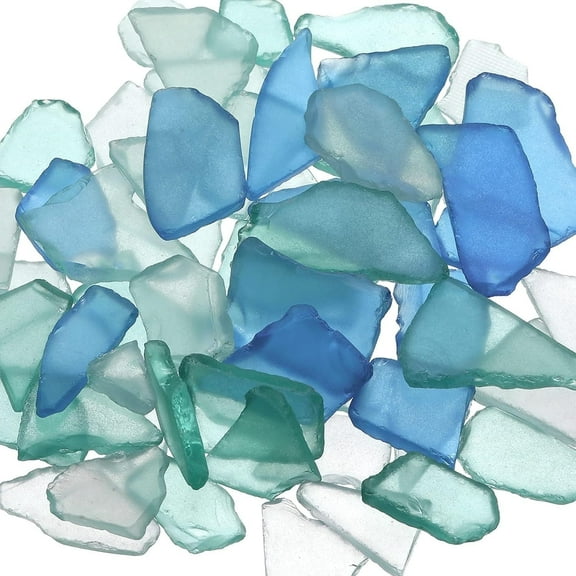 Sea Glass Beach Glass,Bexikou 60 Pcs Crushed Glass Vase Filler,Multiple Color Seaglass Pieces for Beach Wedding Party Decor Home Decor DIY Craft Supplies (Cobalt Blue/Light Blue/White)
