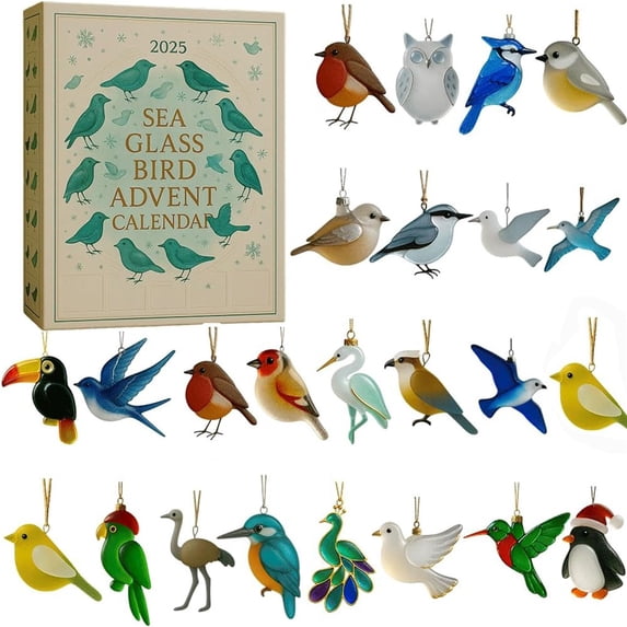 Sea Glass Bird Advent Calendar, 24 Days Christmas Countdown Box Filled With Sea Glass Bird Ornaments, Festive Surprise Gift Set With Tree Hanging Decor for Bird Enthusiasts Decor