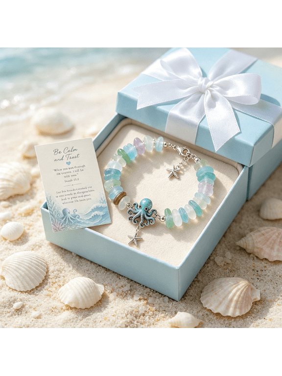 Sea Glass Blessing Bracelet, Octopus Charm Hand‑Beaded Coastal Jewelry for Women, Inspirational Faith Gift with Sentimental Blessing Message Card