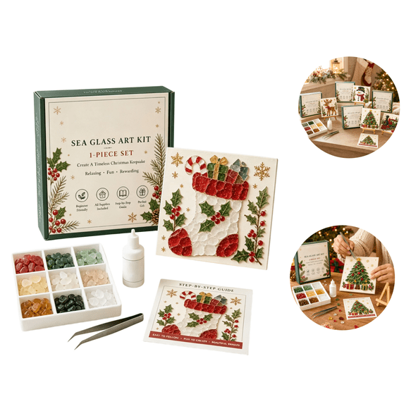 Sea Glass Christmas DIY Art Kit, Festive Creative Craft Set, Complete Supply Pack for Holiday Themed Artwork Creation