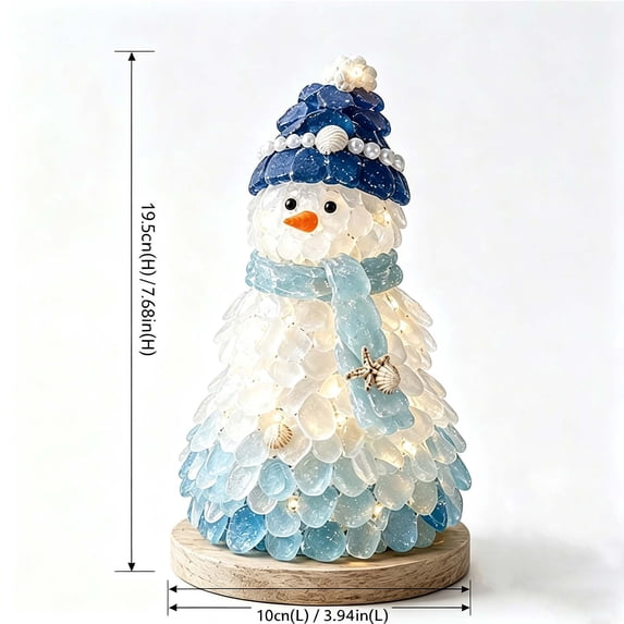 Sea Glass Christmas Tree DIY Kit with Warm LED Lights, 3D Sea Glass Christmas Tree Lamp Craft Kit, Coastal Style Lighted Ornament for Home Table Shelf Decor (Snowman)