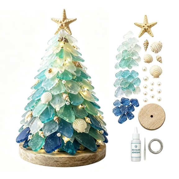 Sea Glass Christmas Tree DIY Kit with LED String Lights, Shell Accents and Wooden Base, 7.87 in Coastal Tabletop Holiday Craft Decor, Blue Green