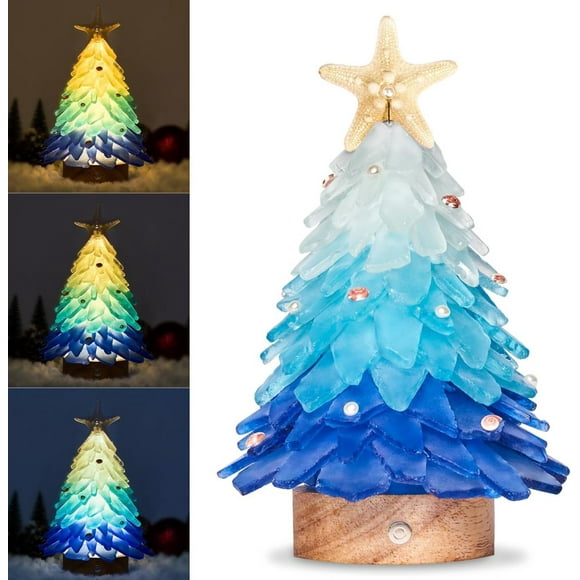 Sea Glass Christmas Tree - Handcrafted Mini Christmas Tree with LED Lights, Blue Gradient Color, Ideal for Christmas, New Year, Coastal Holiday Decor, Versatile Home Decor