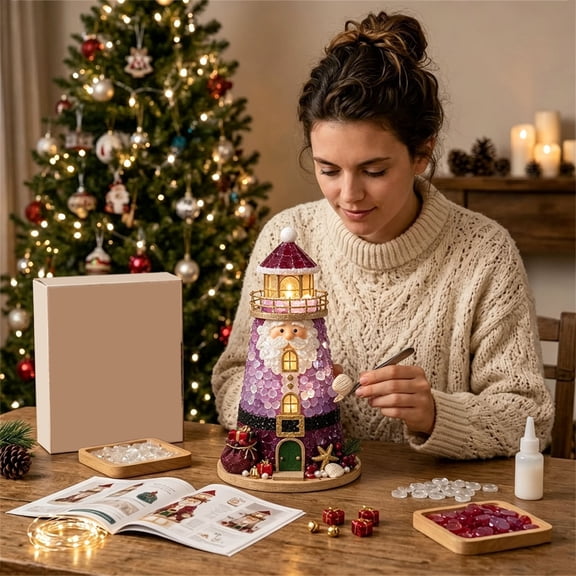 Sea Glass Christmas Tree Kit Christmas Sea Glass Art Kit, Santa Claus Night Light DIY Craft Kit for Adults, Sea Glass Style Resin Tile Accents with Warm LED, Arts and Crafts for Mantel