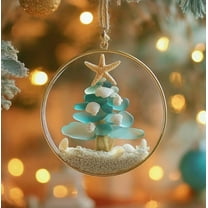 Sea Glass Christmas Tree Ornament - Coastal 2D Flat Acrylic Hanging Decoration, Sea-Themed Pendant Gift for Family Gatherings and Holiday Decor