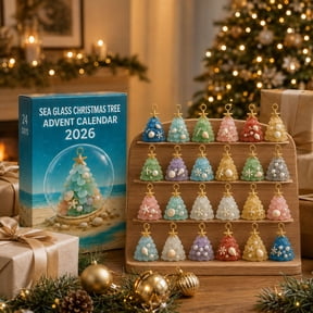 Sea Glass Christmas Tree Shaped Advent Calendar 24 Days Hanging Decor, Acrylic Vivid Color with Seashell Pattern Beach Style, Shatterproof Decor for Home Indoor Fireplace Holiday Party Display