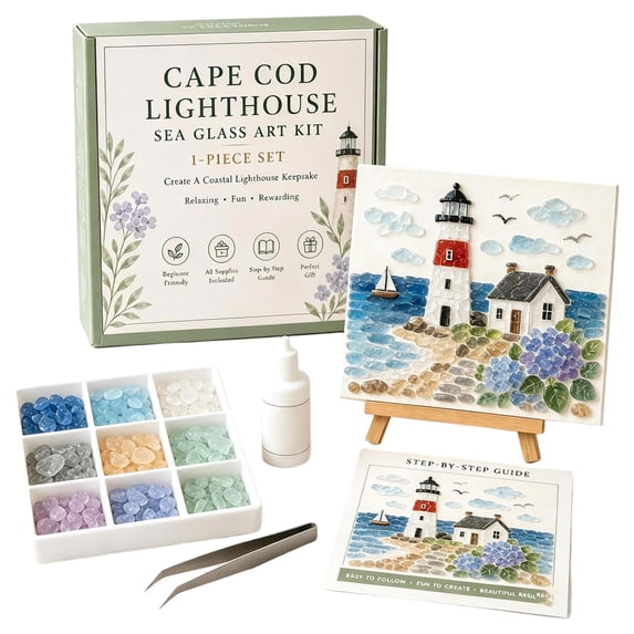 Sea Glass Craft Kit, Maine Coastal Lighthouse Mosaic Art Project with Glue and Colorful Glass Stones, Coastal City Art Project for Adults, 6 Styles Available