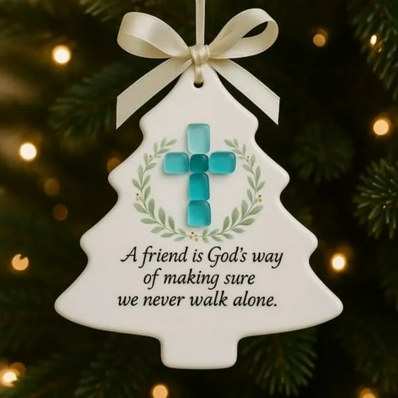 Sea Glass Cross Christmas Ornament - Inspirational Friendship Quote Christian Tree Shaped Hanging Decoration, 3.15 Inch White Beach Glass Religious Holiday Home Decor